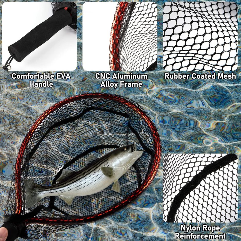 Fly Fishing Net with EVA Handle, Fishing Landing Nets CNC Aluminum Alloy Frame, Rubber Coated Mesh Trout Net Kayak Nets for Small Trout Steelhead, Bass, Salmon - Image 3