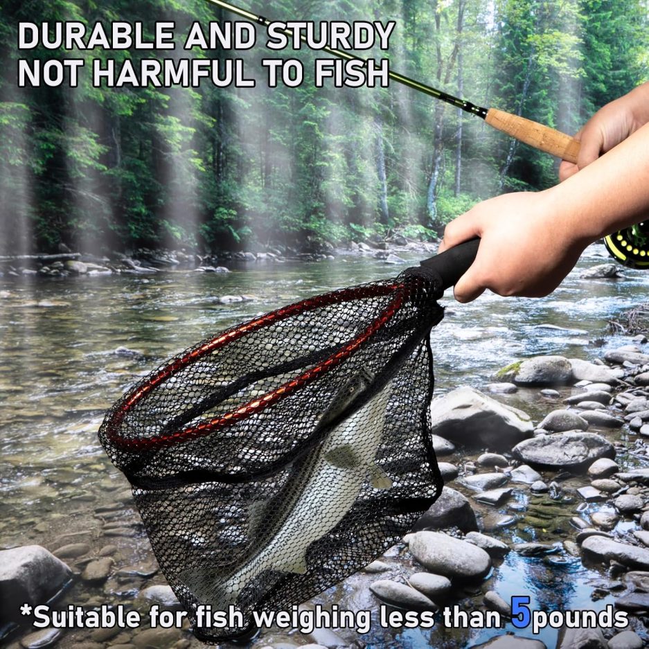 Fly Fishing Net with EVA Handle, Fishing Landing Nets CNC Aluminum Alloy Frame, Rubber Coated Mesh Trout Net Kayak Nets for Small Trout Steelhead, Bass, Salmon - Image 6