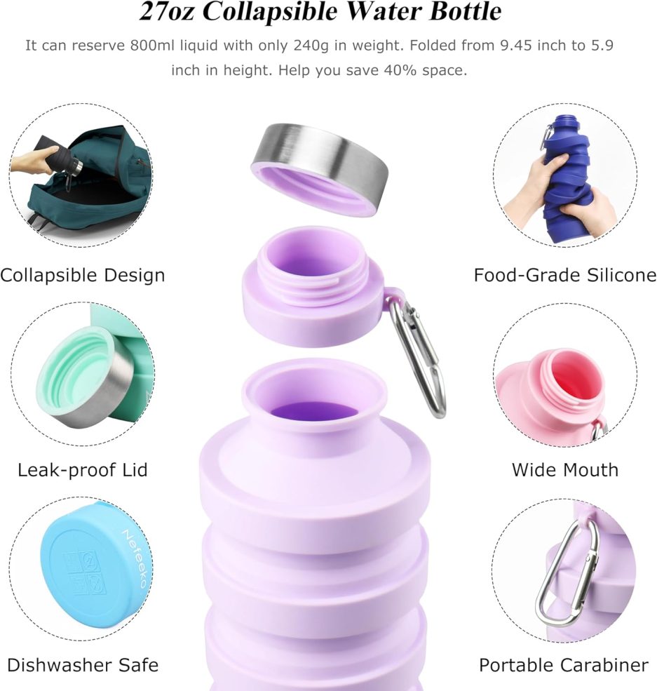Nefeeko Collapsible Water Bottle, Reuseable BPA Free Silicone Foldable Water Bottles for Travel Gym Camping Hiking, Portable Leak Proof Sports Water Bottle with Carabiner - Image 4